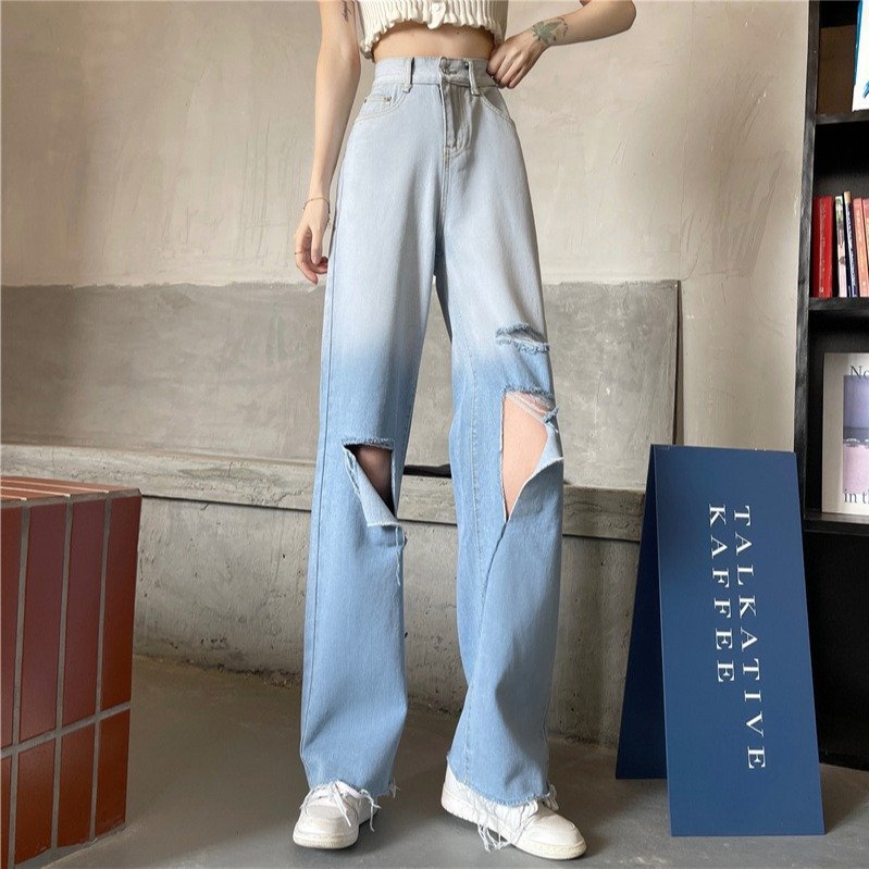 Boyfriend Style Ripped Denim Jeans With Distress Holes High Waist Wide Jeans Women Fall Plus Size Causal Baggy Jeans Women