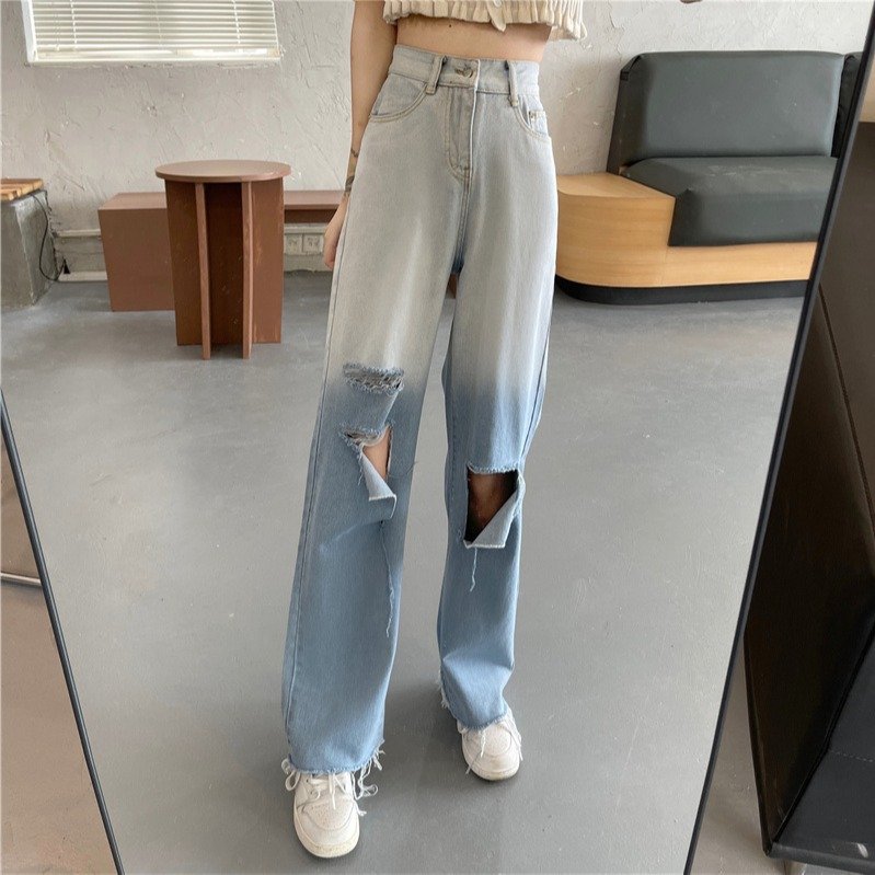 Boyfriend Style Ripped Denim Jeans With Distress Holes High Waist Wide Jeans Women Fall Plus Size Causal Baggy Jeans Women