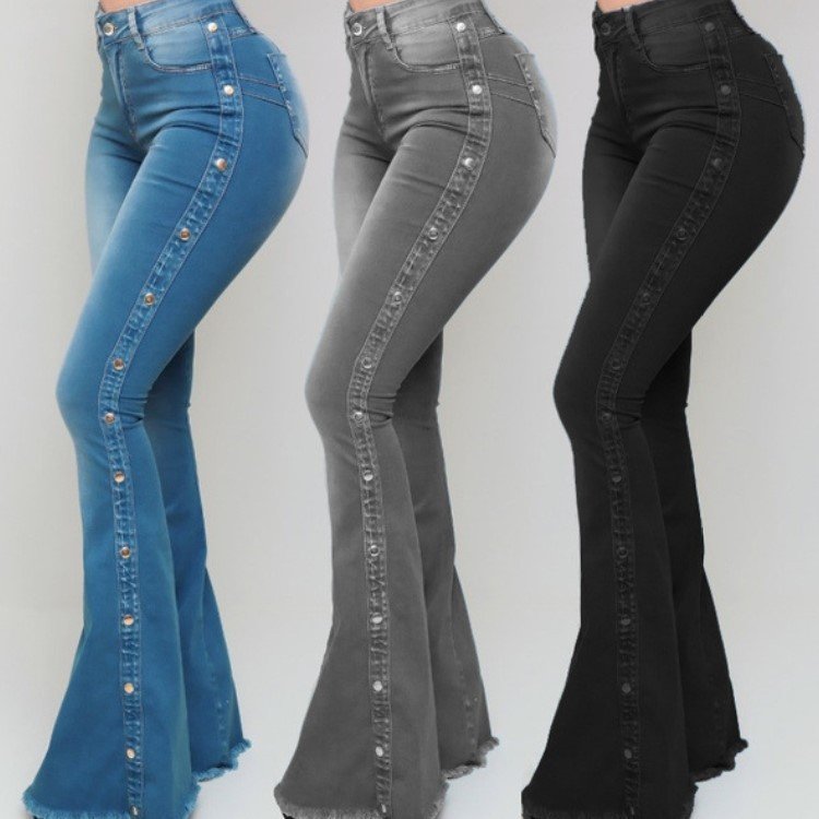 Custom Blue Boyfriend Pantalones De Mujer women Flare Bell Bottom pant Jeans High Waist Plus Size Denim Jeans For Womens