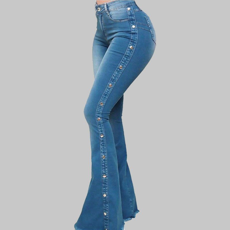 Custom Blue Boyfriend Pantalones De Mujer women Flare Bell Bottom pant Jeans High Waist Plus Size Denim Jeans For Womens