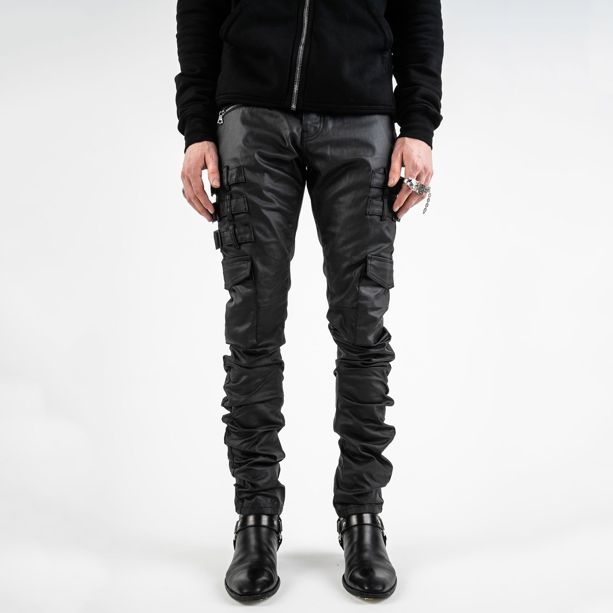 Luxury Vintage Washing Skinny Fit Waxed Denim Jeans Custom Multiple Pockets Baggy Waxed Denim Pants