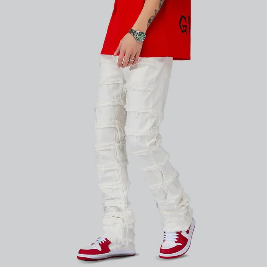Custom Men Stack Stacked Ripped Flared Denim Cargo Jeans Pants Distressed Skinny Stacked Jeans Men