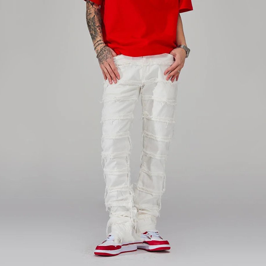 Custom Men Stack Stacked Ripped Flared Denim Cargo Jeans Pants Distressed Skinny Stacked Jeans Men