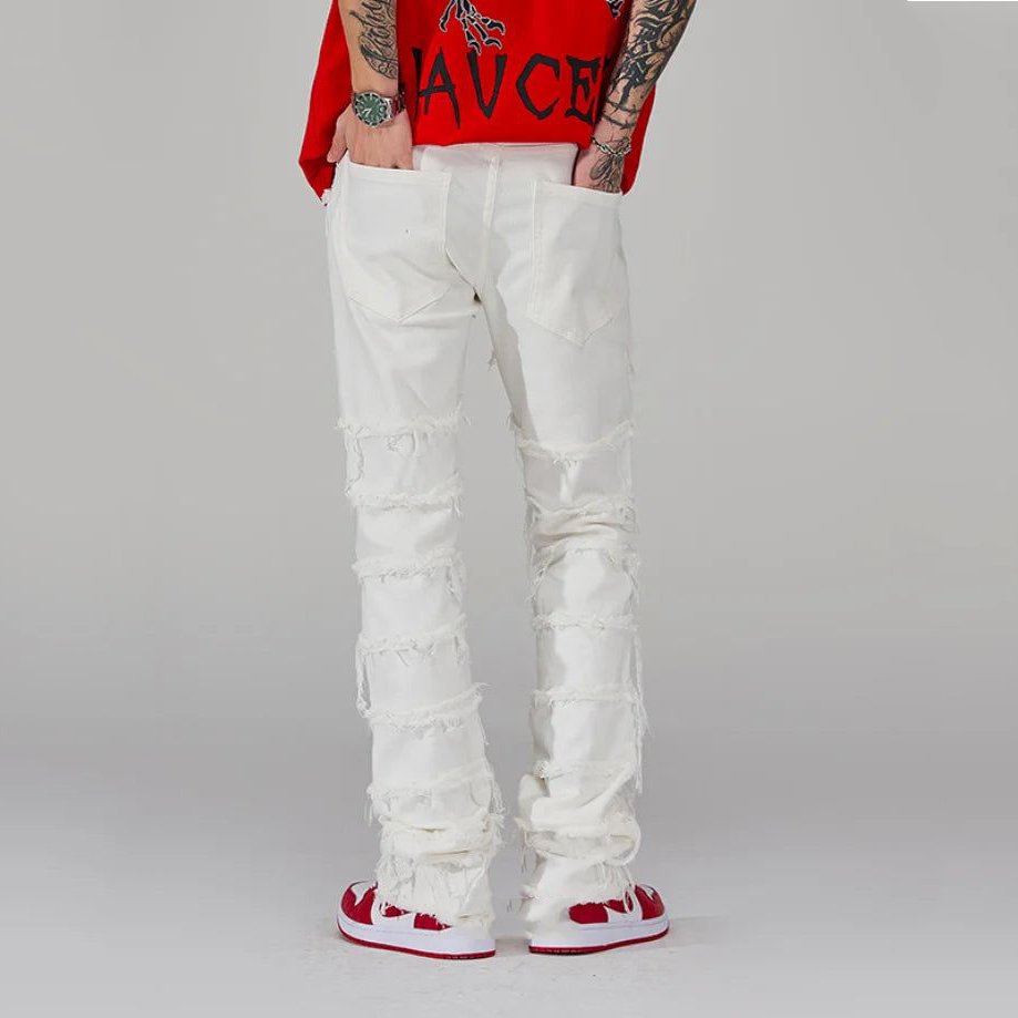 Custom Men Stack Stacked Ripped Flared Denim Cargo Jeans Pants Distressed Skinny Stacked Jeans Men