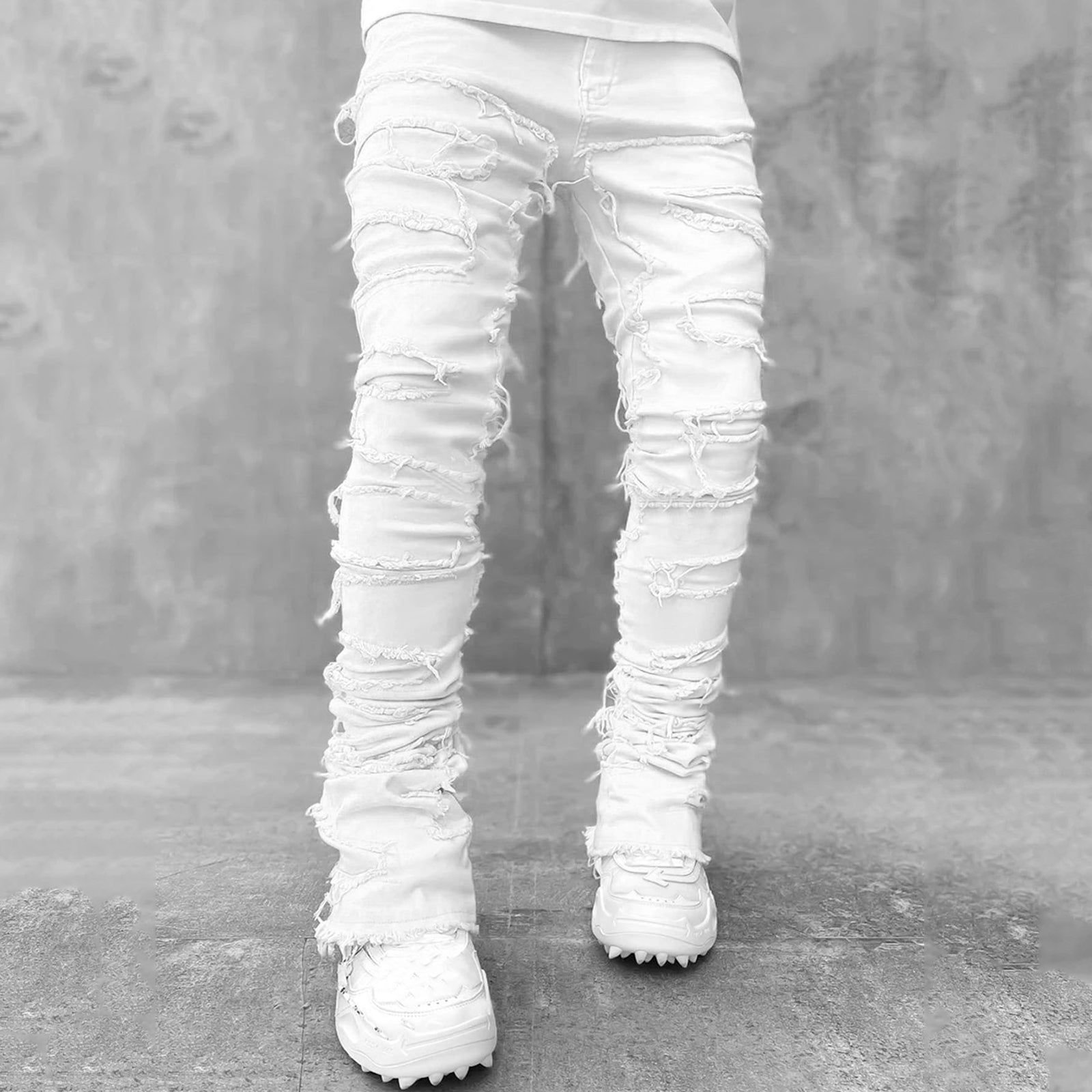 Custom Men Stack Stacked Ripped Flared Denim Cargo Jeans Pants Distressed Skinny Stacked Jeans Men