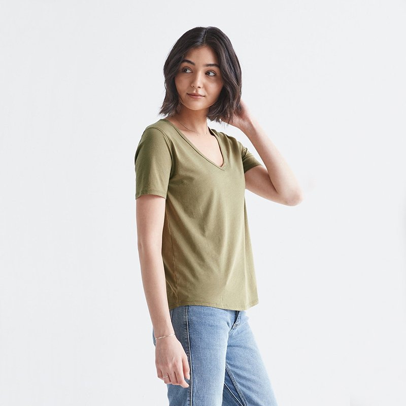 Custom Women's Semi-deep V neck Bamboo Tee V-Neck in soft smooth bamboo jersey fabric for light weight bamboo viscose loungewear