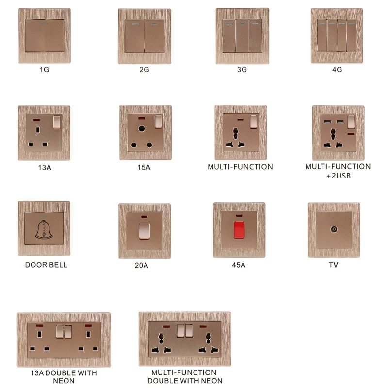 ABUK factory modern gold brushed CE certification 240v 1/2/3/4 Gang light home electrical mechanical wall switch with neon