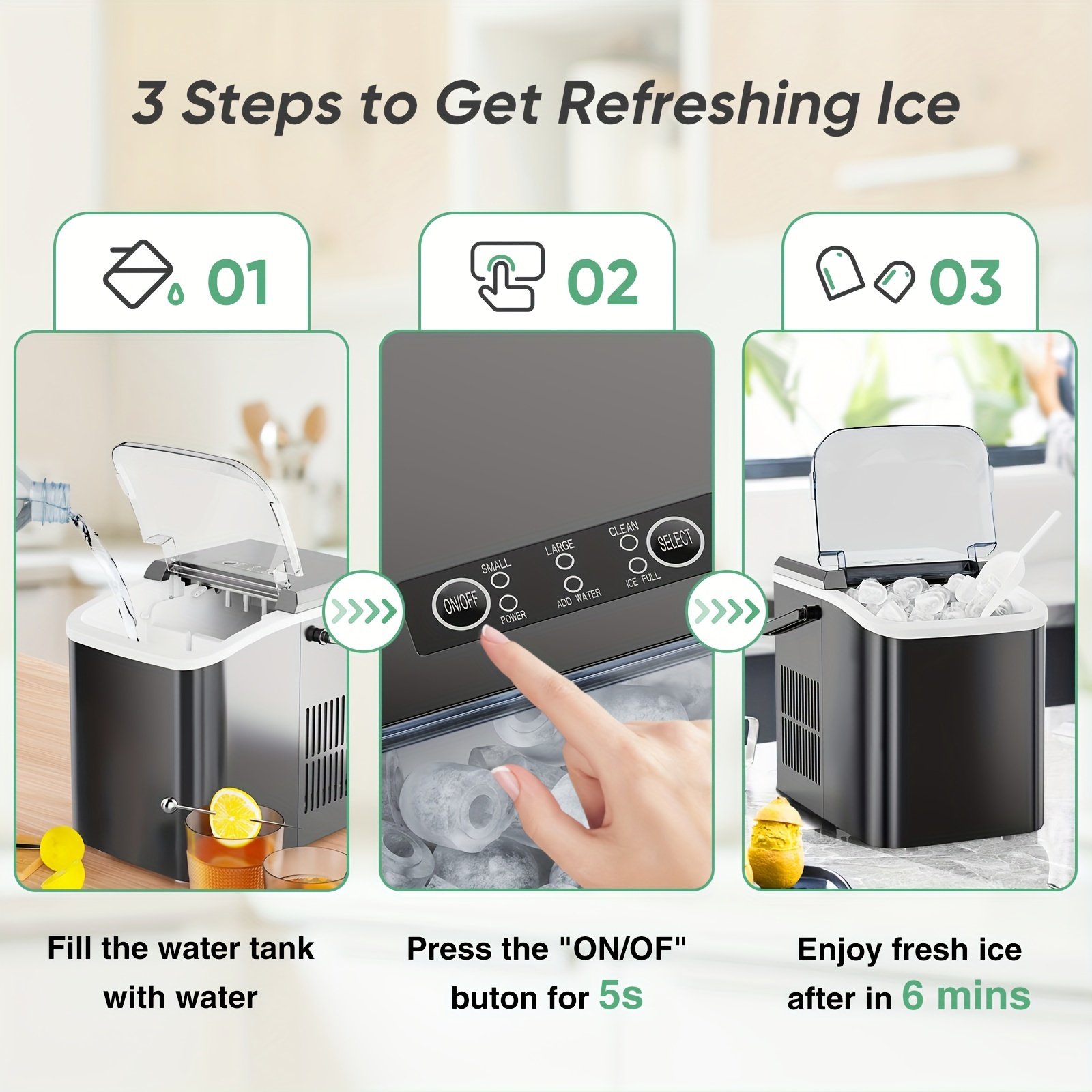 12Kg/24H Portable Ice Maker Self-Cleaning Countertop Ice Machine 2 Sizes Bullet Ice Cubes For Home Kitchen Office Bar Party