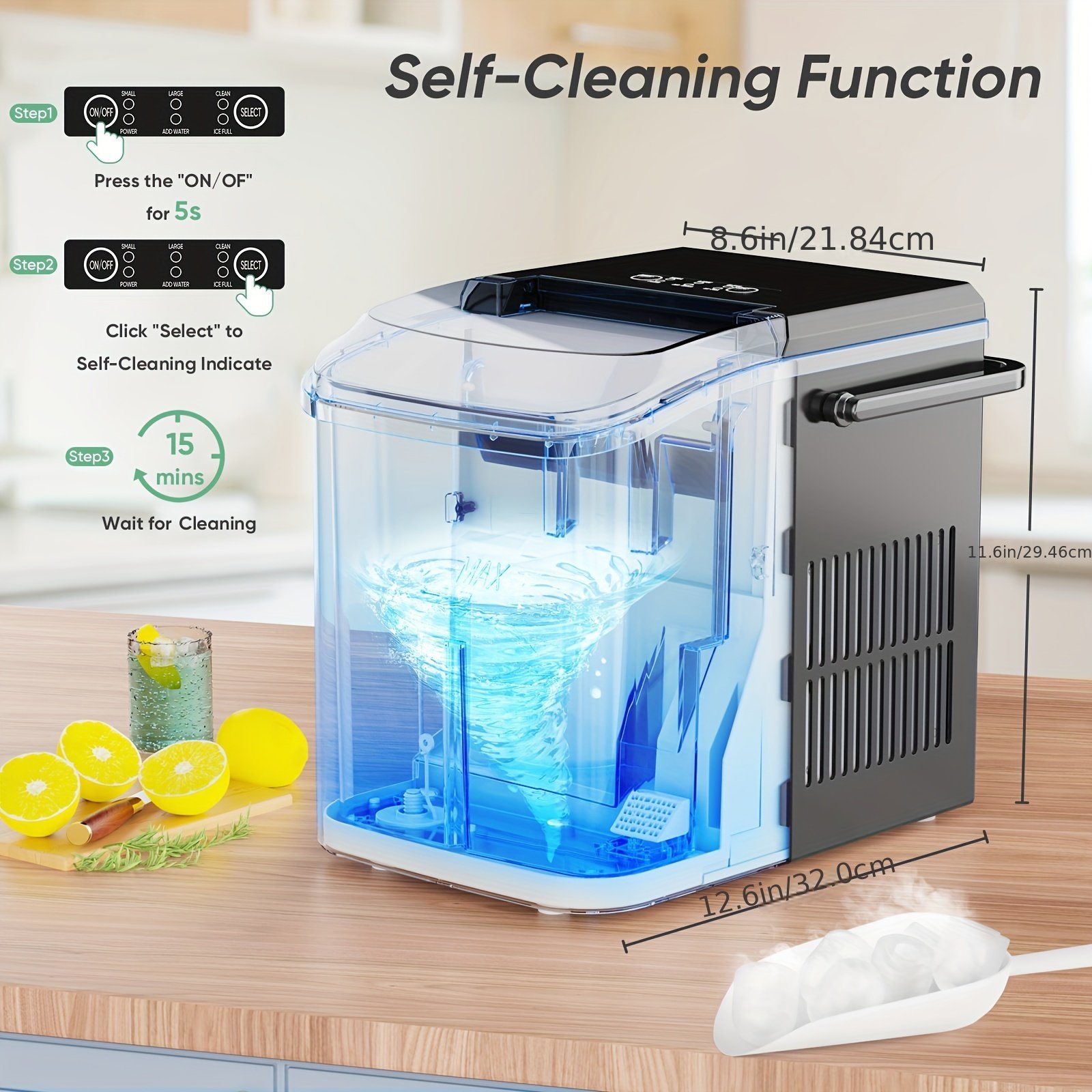 12Kg/24H Portable Ice Maker Self-Cleaning Countertop Ice Machine 2 Sizes Bullet Ice Cubes For Home Kitchen Office Bar Party