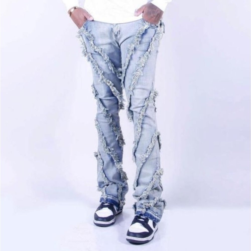 Liluo Custom OEM italian men vintage denim ripped men flared cargo demin stacked jeans for men