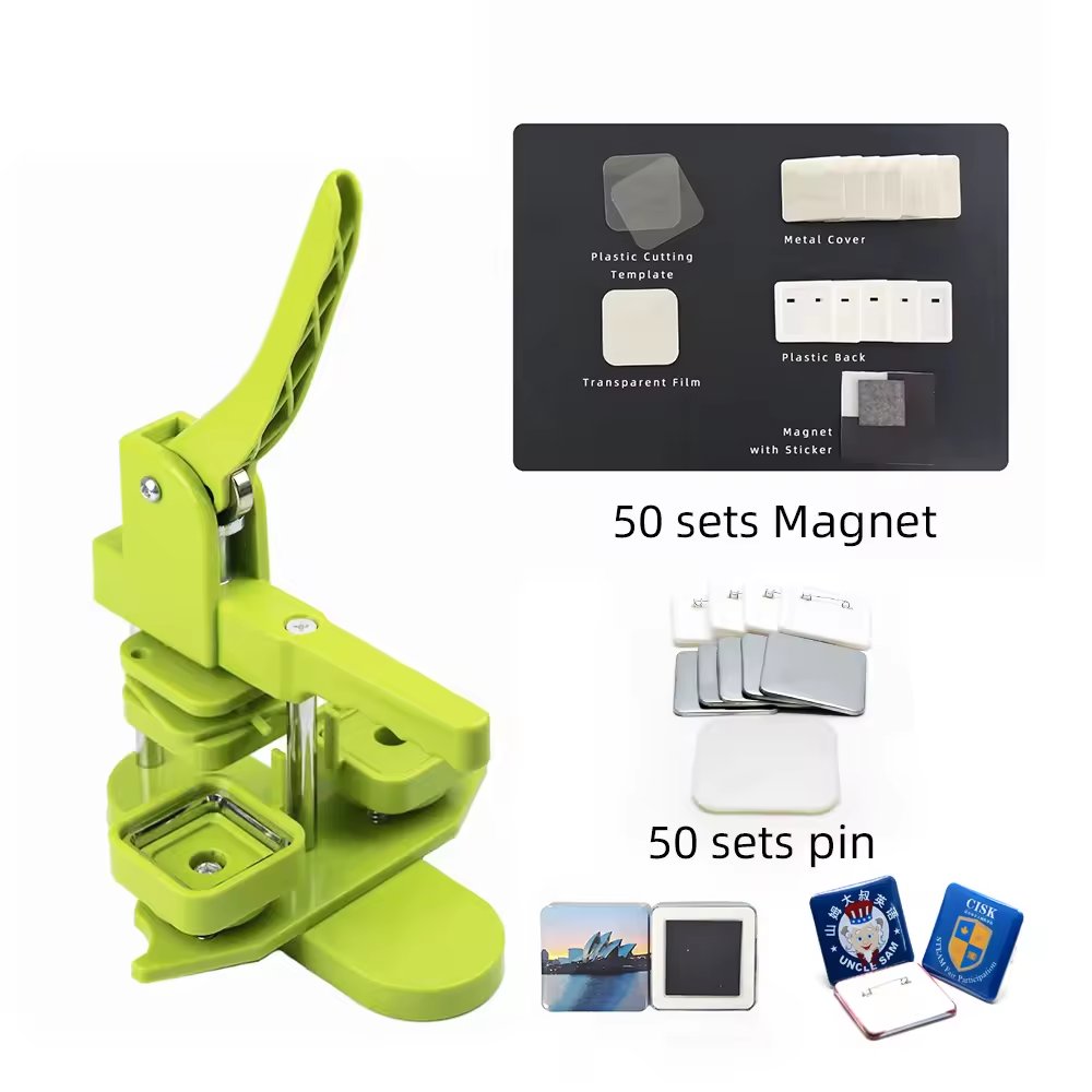50MM Square Plastic Badge Making Machine Botton Maker with 50 Magnet and 50 Botton Pin Materials