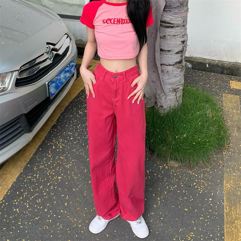 Wholesale custom straight boyfriends cowboy baggy loose pants high-waisted denim mom baggy red jeans women's jeans