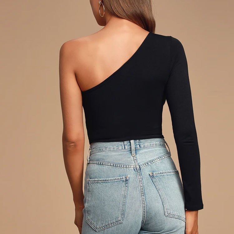 Women customized bamboo viscose long sleeve one shoulder black knit cropped top shirt made from cozy sustainable bamboo fabrics