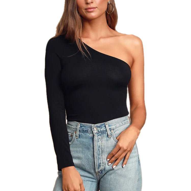 Women customized bamboo viscose long sleeve one shoulder black knit cropped top shirt made from cozy sustainable bamboo fabrics