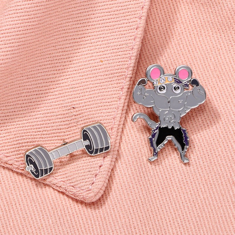 Metal Cartoon Animal Badge Cute Mouse Fitness Weightlifting Dumbbell Enamel Pin Badge