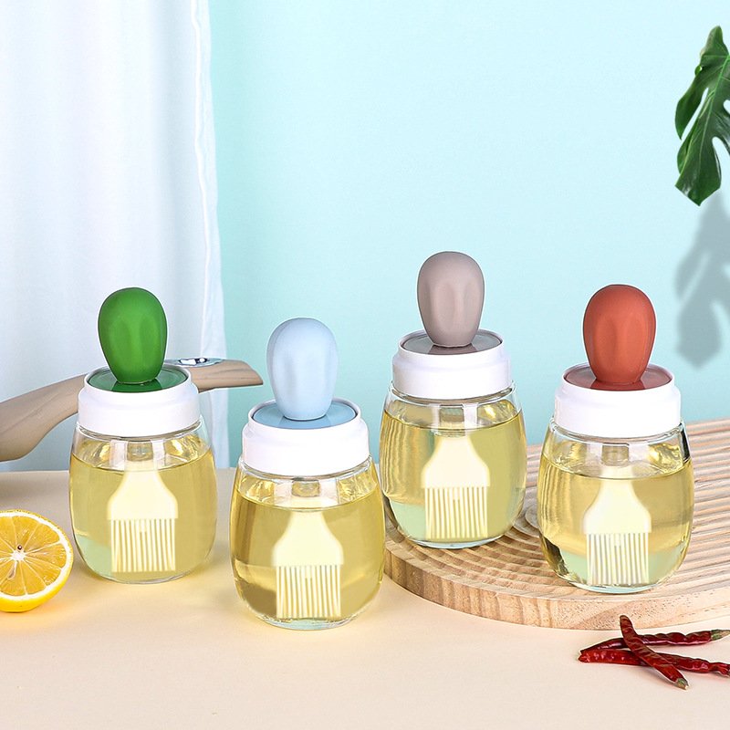 Glass Olive Oil Dispenser Silicone Brush 2 In 1 Cute Quantitative Vinegar Bottle with Measuring Straw