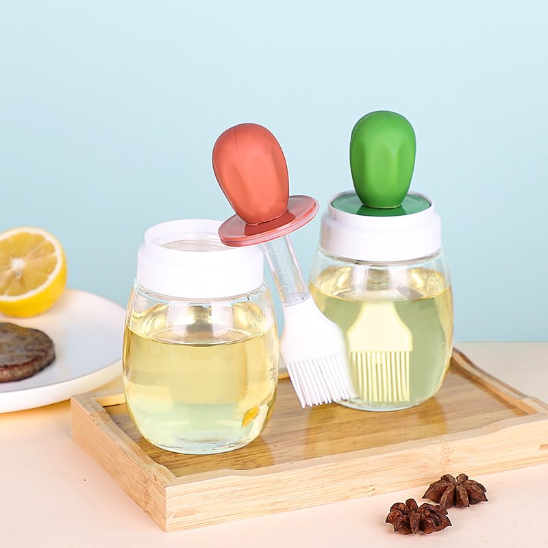 Glass Olive Oil Dispenser Silicone Brush 2 In 1 Cute Quantitative Vinegar Bottle with Measuring Straw
