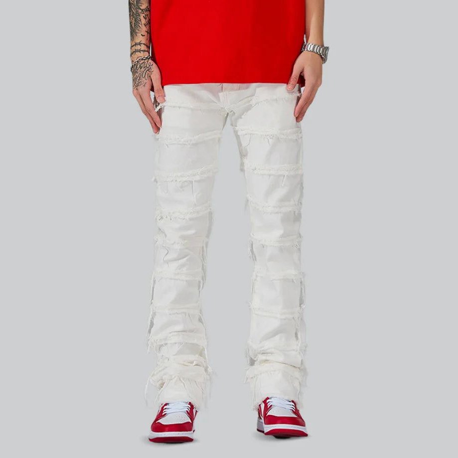 Custom Men Flare Jeans Streetwear Buttons Bottom Pants Fashion Slim Fit Stacked Jeans With Side Button Men's