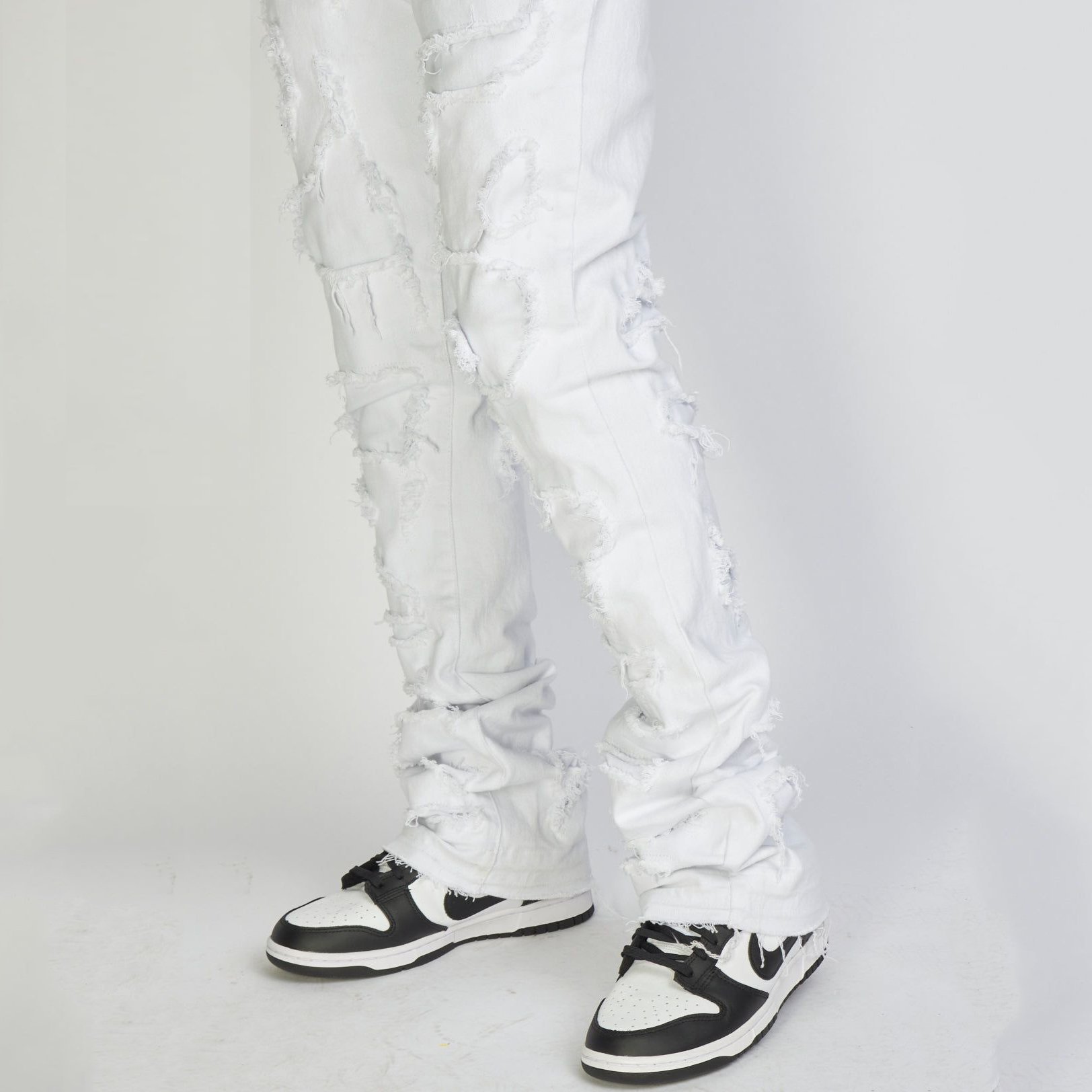 OEM Custom Designer Acid Wash Flare Stacked Jeans Pants Hip Hop Distressed Ripped Vintage White Jeans Men
