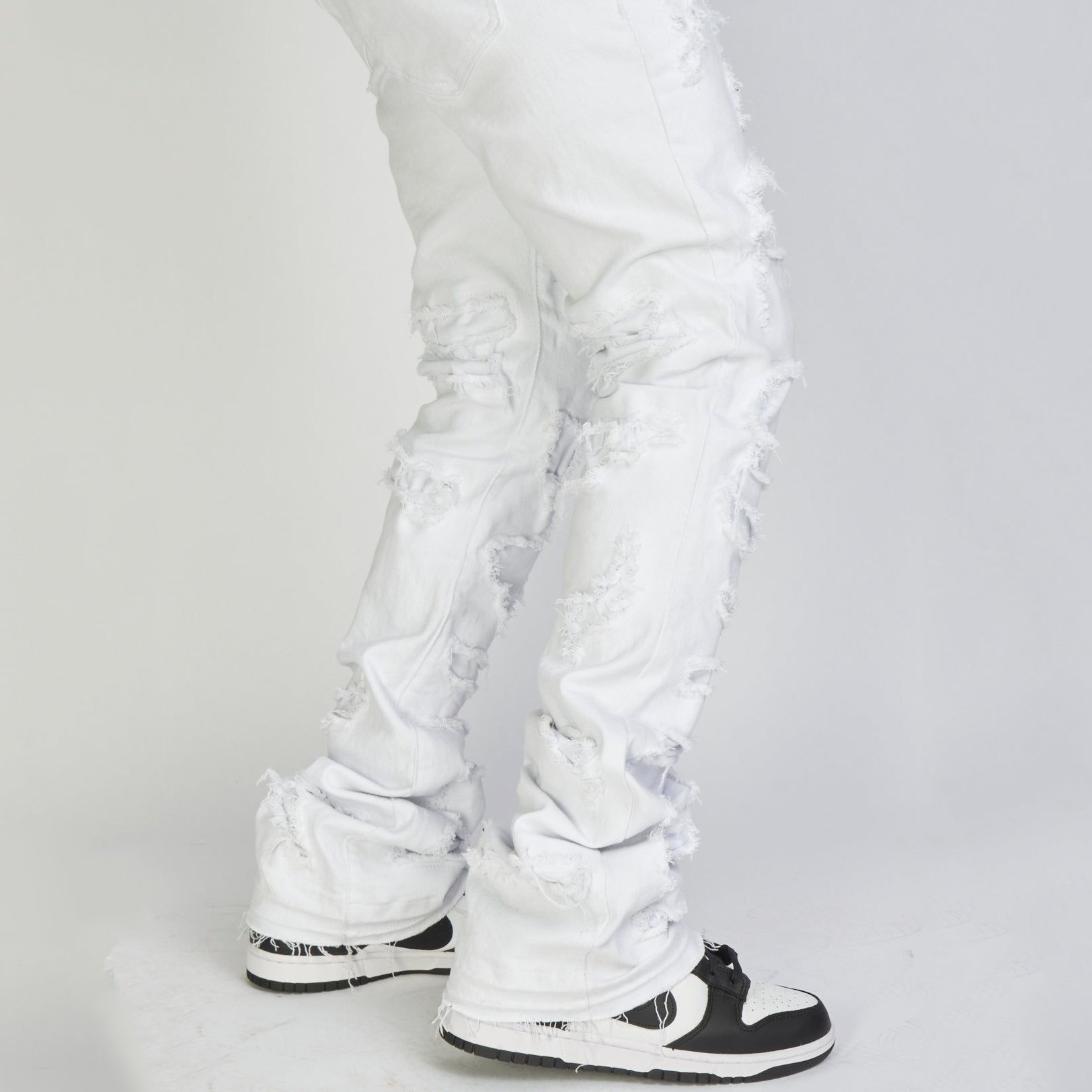 OEM Custom Designer Acid Wash Flare Stacked Jeans Pants Hip Hop Distressed Ripped Vintage White Jeans Men