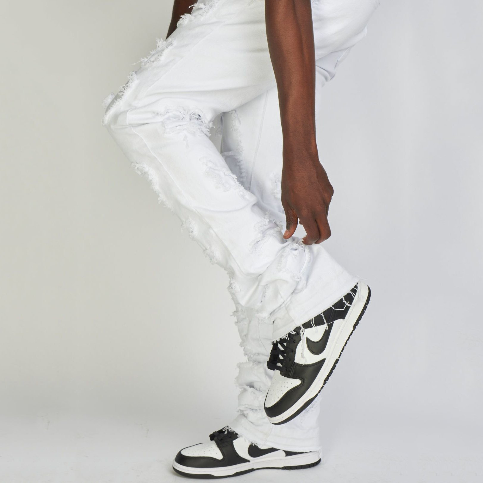 OEM Custom Designer Acid Wash Flare Stacked Jeans Pants Hip Hop Distressed Ripped Vintage White Jeans Men