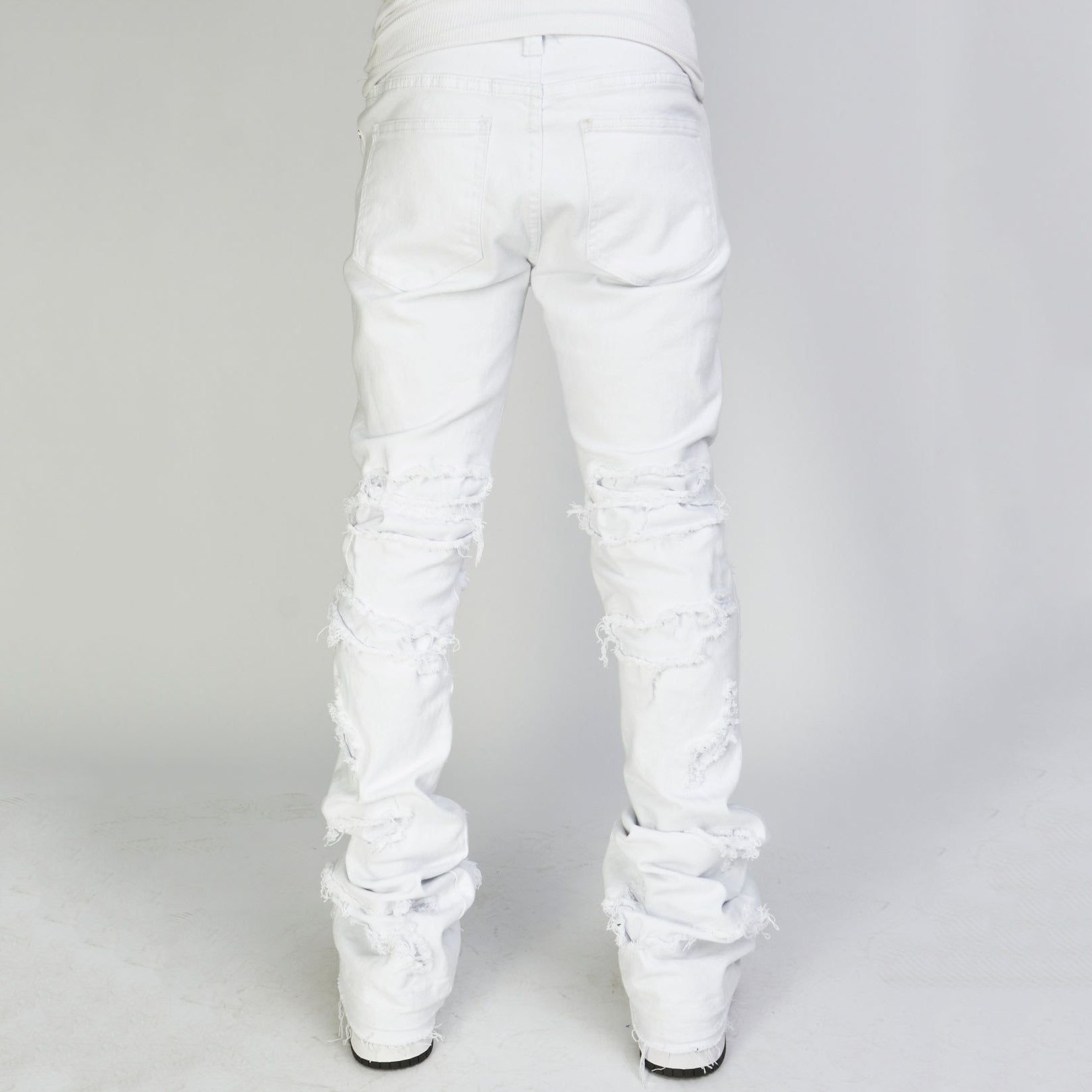 OEM Custom Designer Acid Wash Flare Stacked Jeans Pants Hip Hop Distressed Ripped Vintage White Jeans Men