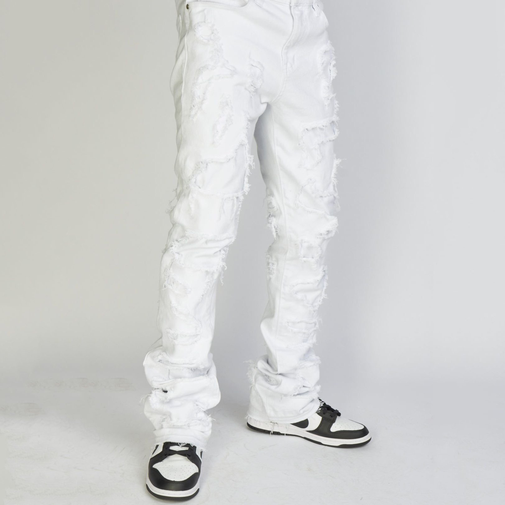 OEM Custom Designer Acid Wash Flare Stacked Jeans Pants Hip Hop Distressed Ripped Vintage White Jeans Men