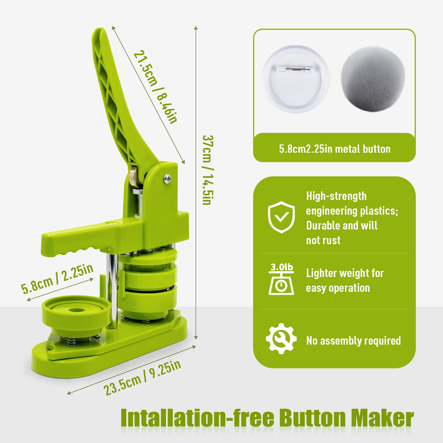 58mm Green/Pink Button Maker Machine - Free Installation, Free 20 Button Parts, Pictures, Circle Cutter - DIY Pin Badge Press.
