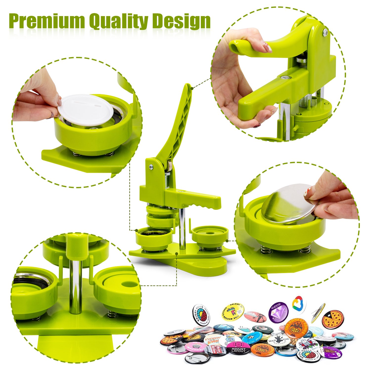 58mm Green/Pink Button Maker Machine - Free Installation, Free 20 Button Parts, Pictures, Circle Cutter - DIY Pin Badge Press.