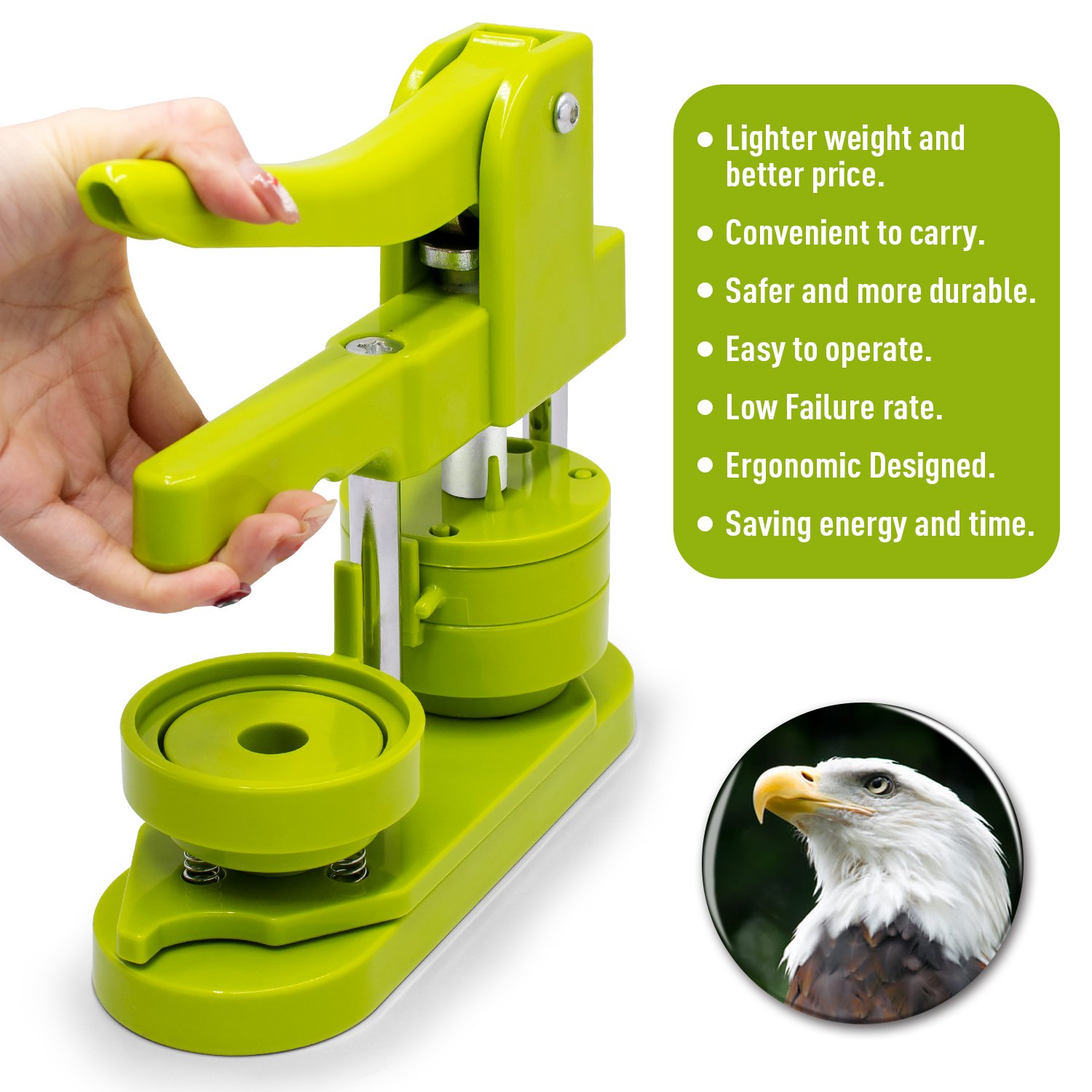 58mm Green/Pink Button Maker Machine - Free Installation, Free 20 Button Parts, Pictures, Circle Cutter - DIY Pin Badge Press.
