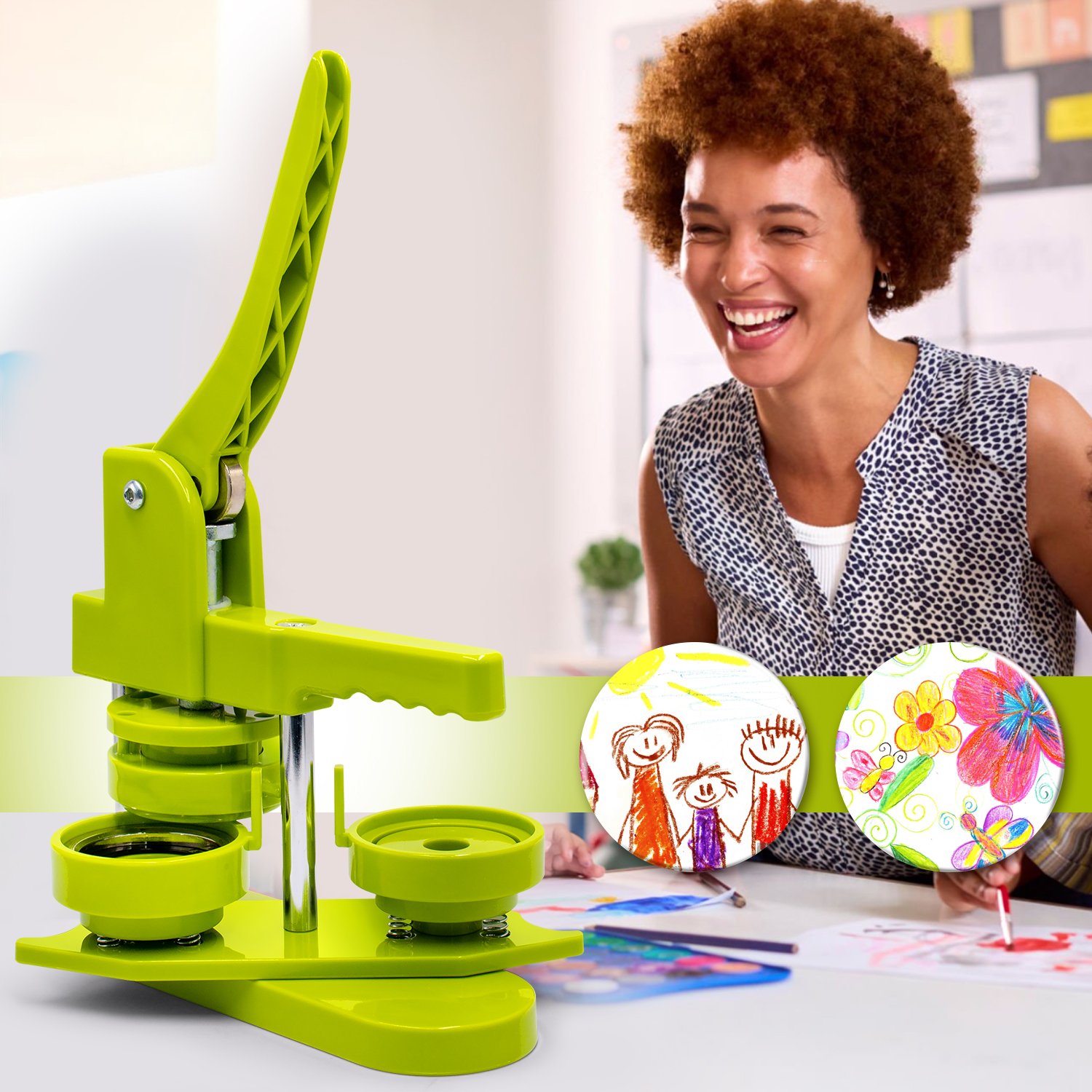 58mm Green/Pink Button Maker Machine - Free Installation, Free 20 Button Parts, Pictures, Circle Cutter - DIY Pin Badge Press.