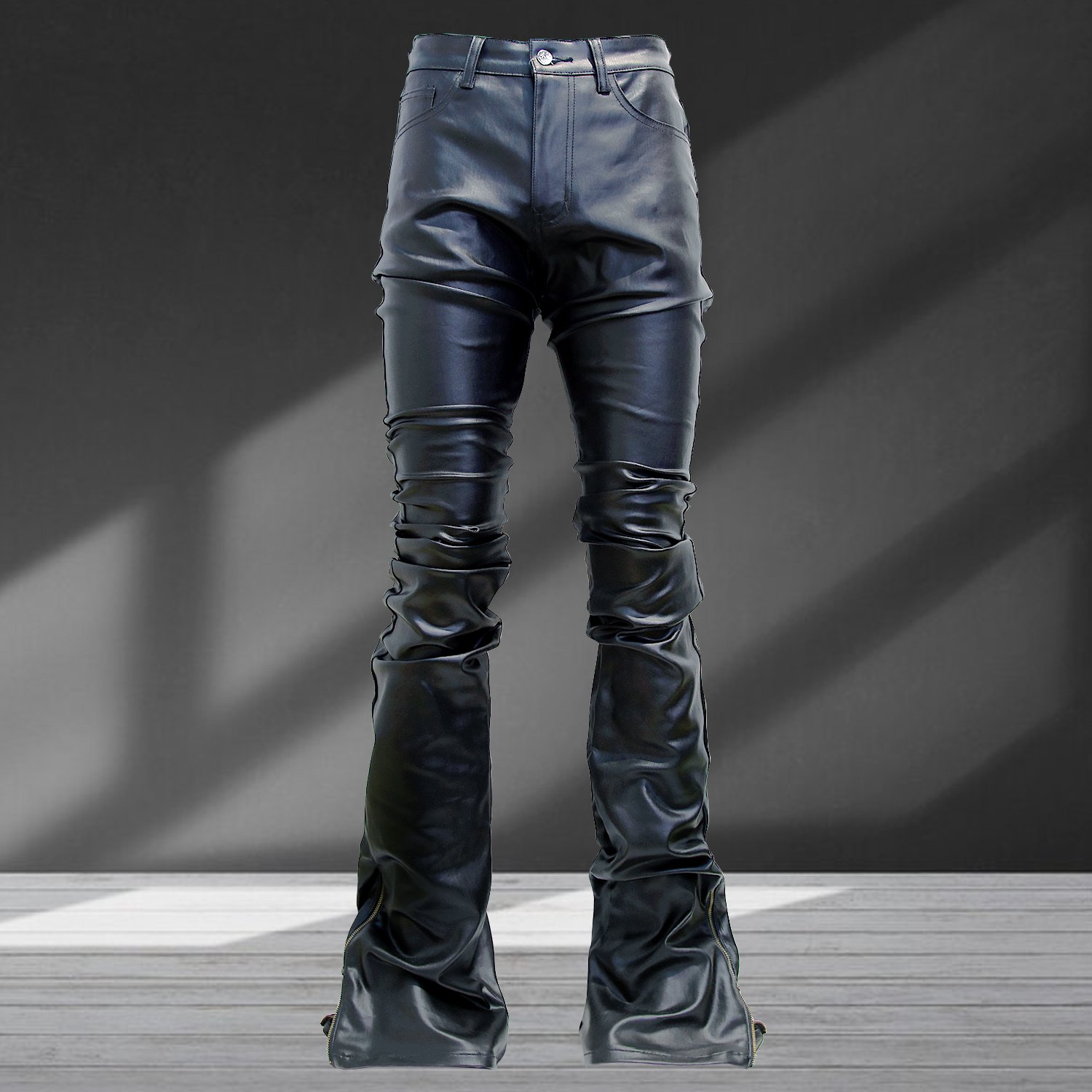 vintage wax jeans streetwear raw edges stacked jeans wholesale custom distressed wax coated denim pants skinny flare jeans men