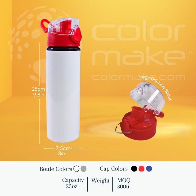 750mL White Aluminum Bottle with Red Push Open Cap Button Release - Sublimation heat transfer
