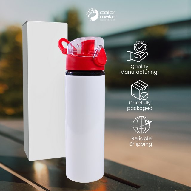 750mL White Aluminum Bottle with Red Push Open Cap Button Release - Sublimation heat transfer