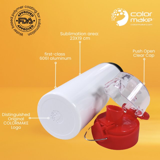 750mL White Aluminum Bottle with Red Push Open Cap Button Release - Sublimation heat transfer