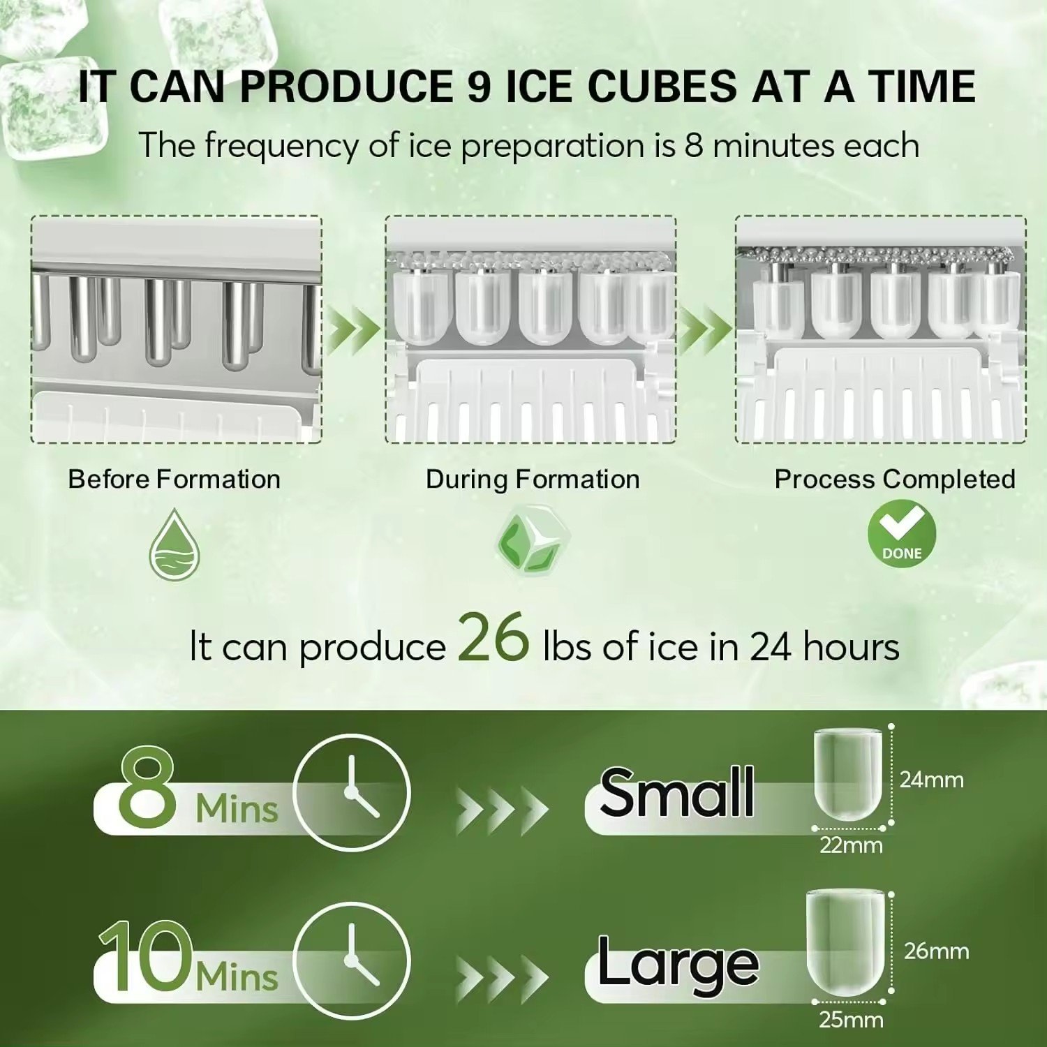 Nugget Ice Maker Machine Portable Ice Maker Compact Ice for Countertop Self-cleaning Function 26lbs/24h 9 Cubes Plastic