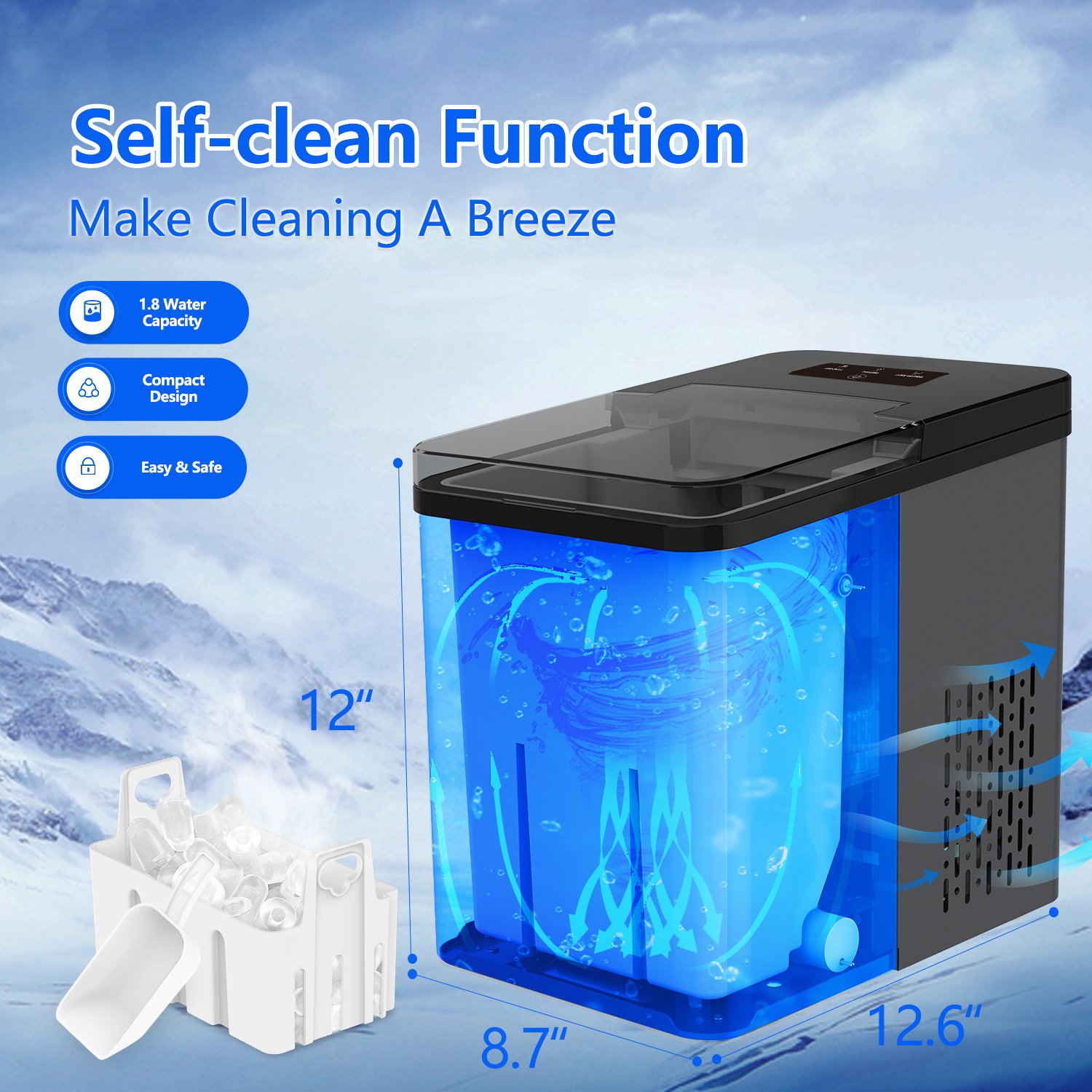 Professional Tabletop Ice Making Machine 12KG Mini Ice Maker Machine Countertop Self-Cleaning Function Home Party ETL CE CB