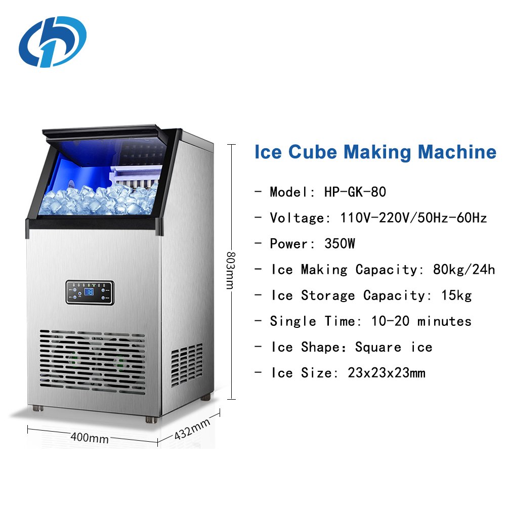 Ice Making Machine 80kg Automatic Stainless Steel Countertop Ice Cube Block Maker Commercial Ice Machine For Business Home