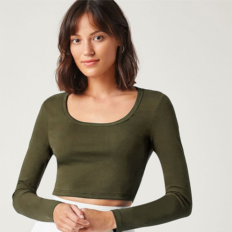 Wholesale custom women long sleeve bamboo cropped top crew neck shirt made from cozy sustainable organic bamboo viscose fabrics