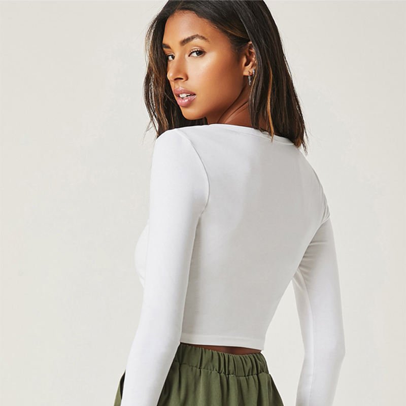 Wholesale custom women long sleeve bamboo cropped top crew neck shirt made from cozy sustainable organic bamboo viscose fabrics