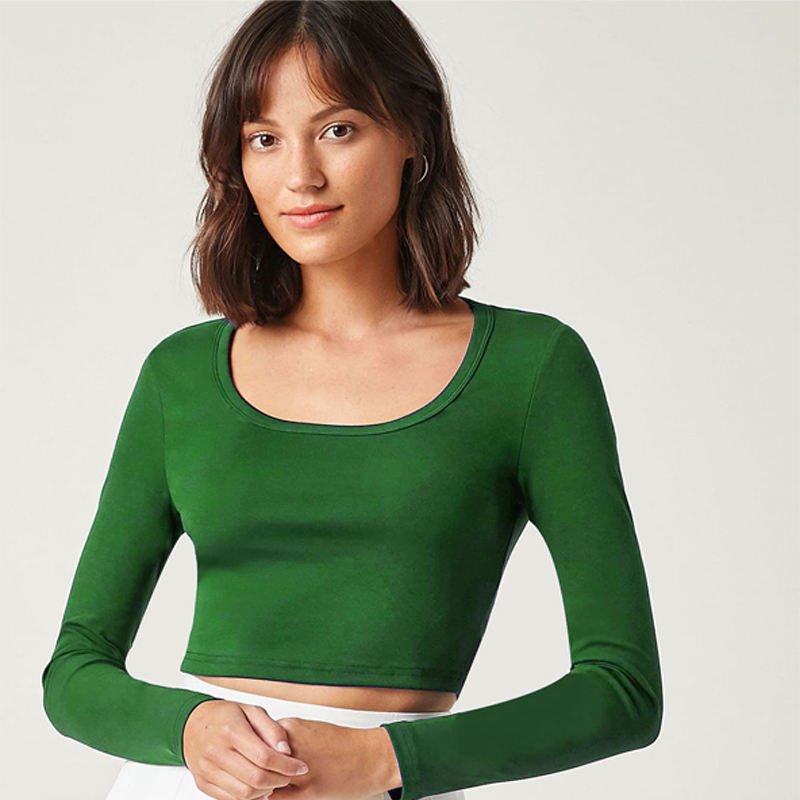 Wholesale custom women long sleeve bamboo cropped top crew neck shirt made from cozy sustainable organic bamboo viscose fabrics