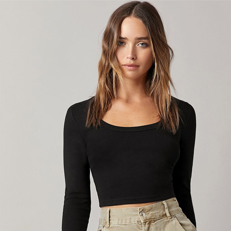 Wholesale custom women long sleeve bamboo cropped top crew neck shirt made from cozy sustainable organic bamboo viscose fabrics