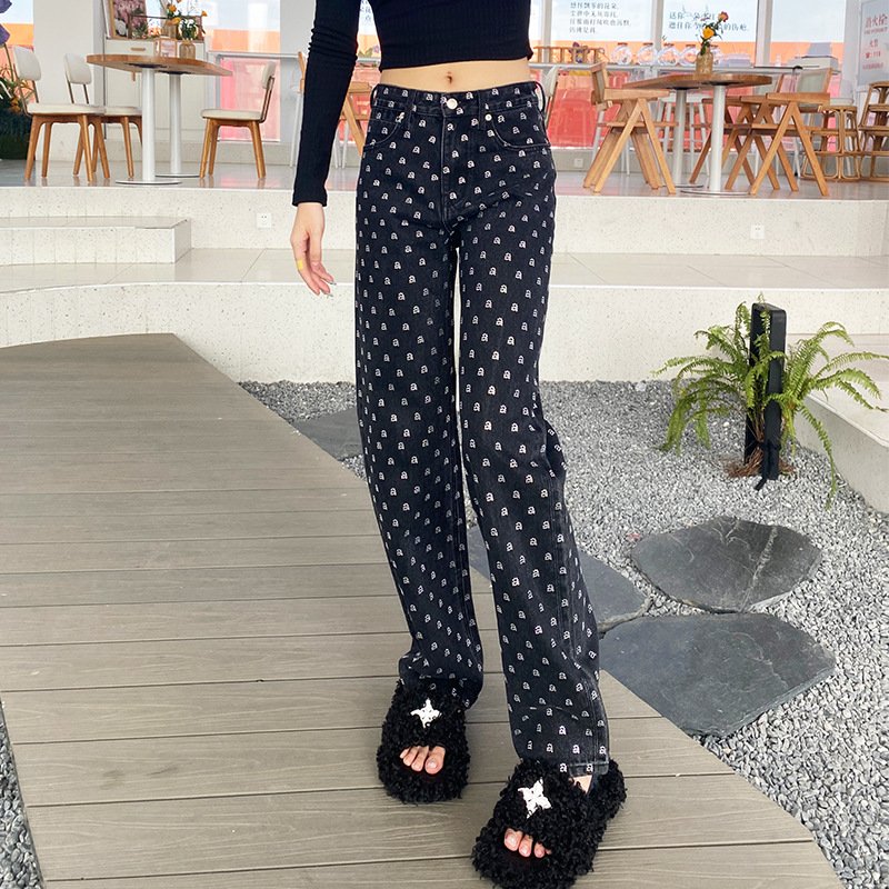 Custom Europe Station Heavy Craft Letter Full Drill Jeans Elastic Printed Loose Women's Pants