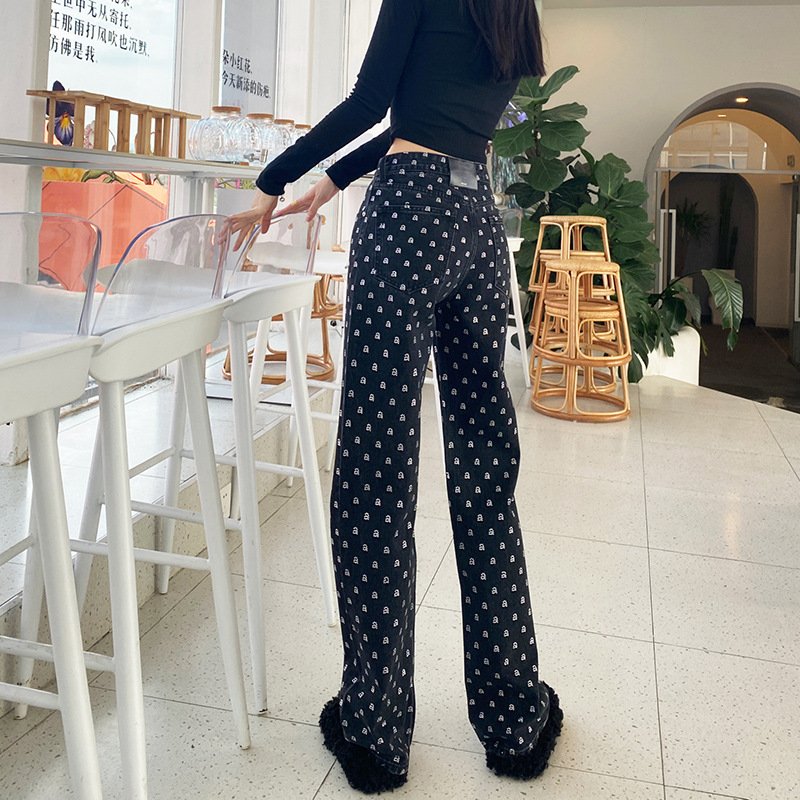 Custom Europe Station Heavy Craft Letter Full Drill Jeans Elastic Printed Loose Women's Pants