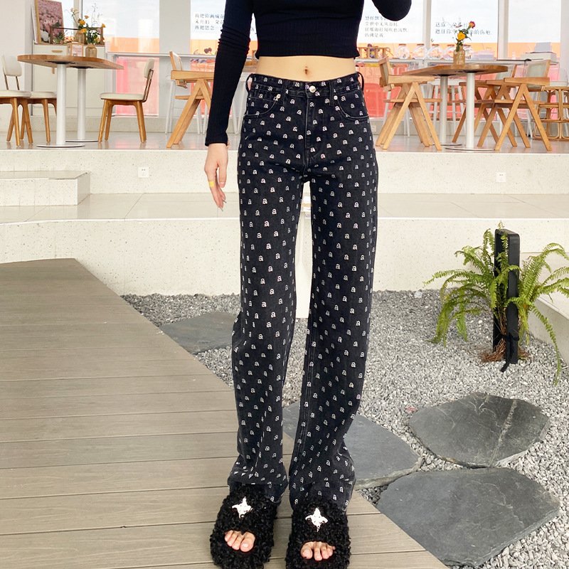 Custom Europe Station Heavy Craft Letter Full Drill Jeans Elastic Printed Loose Women's Pants