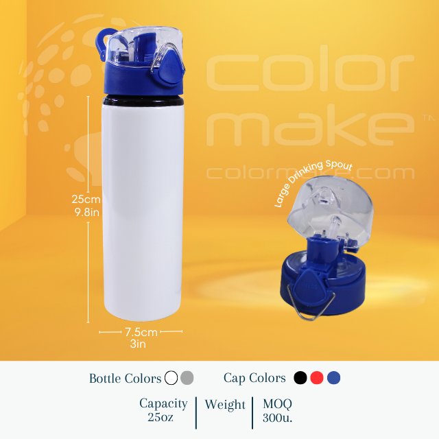 750mL White Aluminum Bottle with Blue Push Open Cap Button Release - Sublimation heat transfer