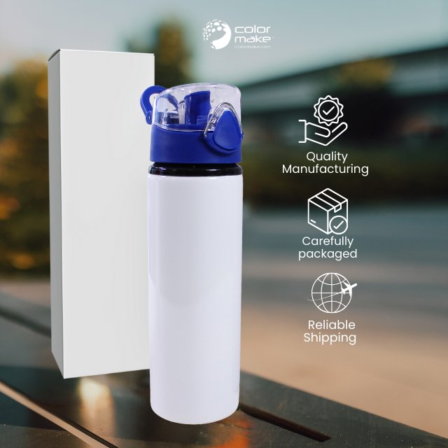750mL White Aluminum Bottle with Blue Push Open Cap Button Release - Sublimation heat transfer