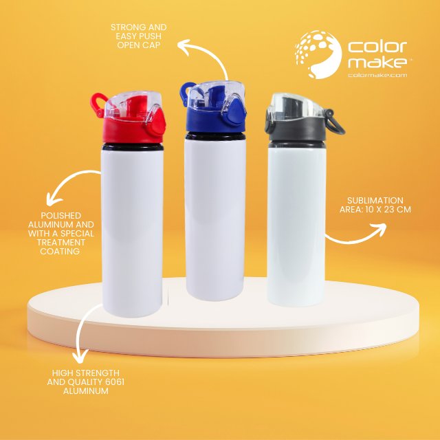 750mL White Aluminum Bottle with Blue Push Open Cap Button Release - Sublimation heat transfer