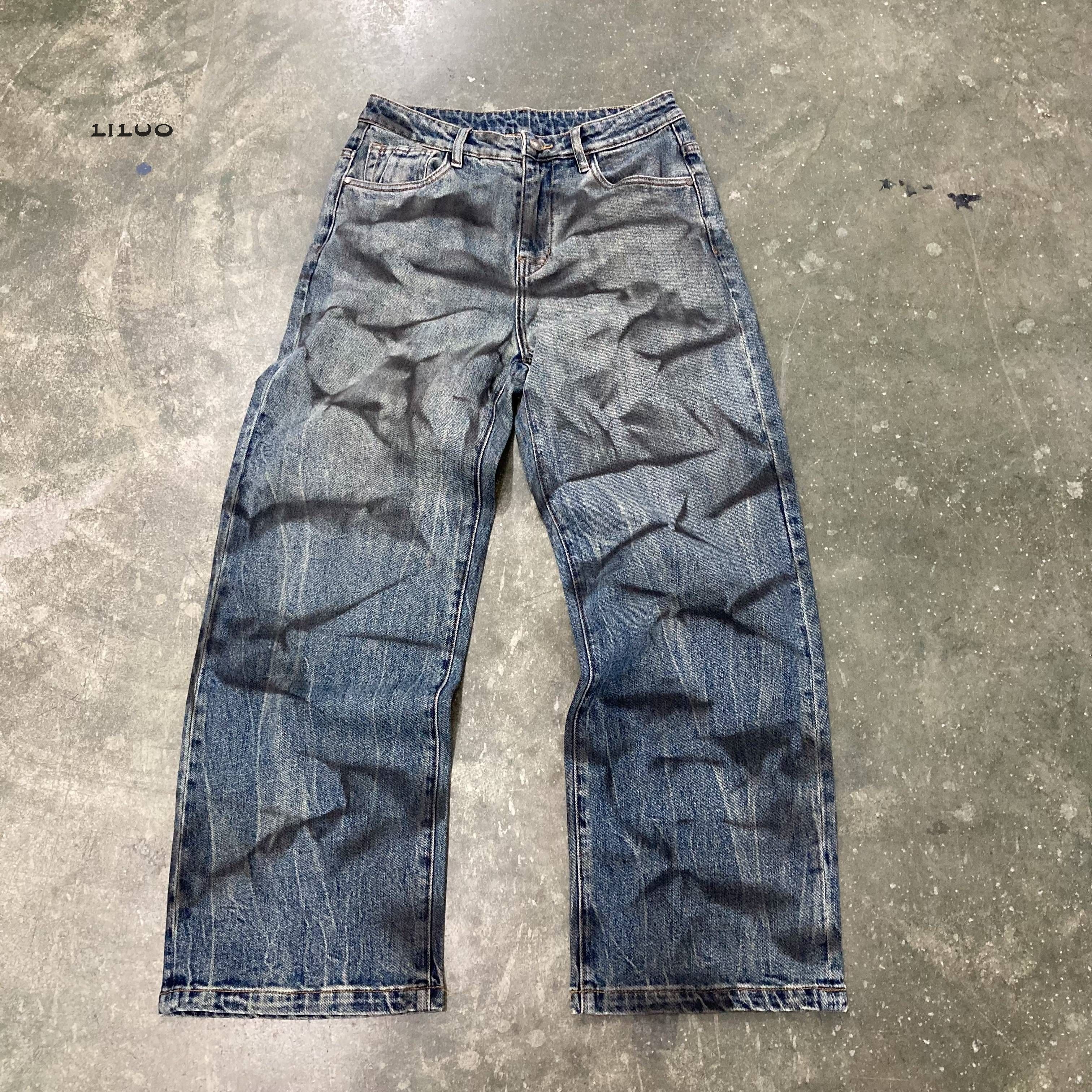 Custom men's jeans Street wear hip hop casual wide leg stone wash loose straight loose cargo blue jeans jeans