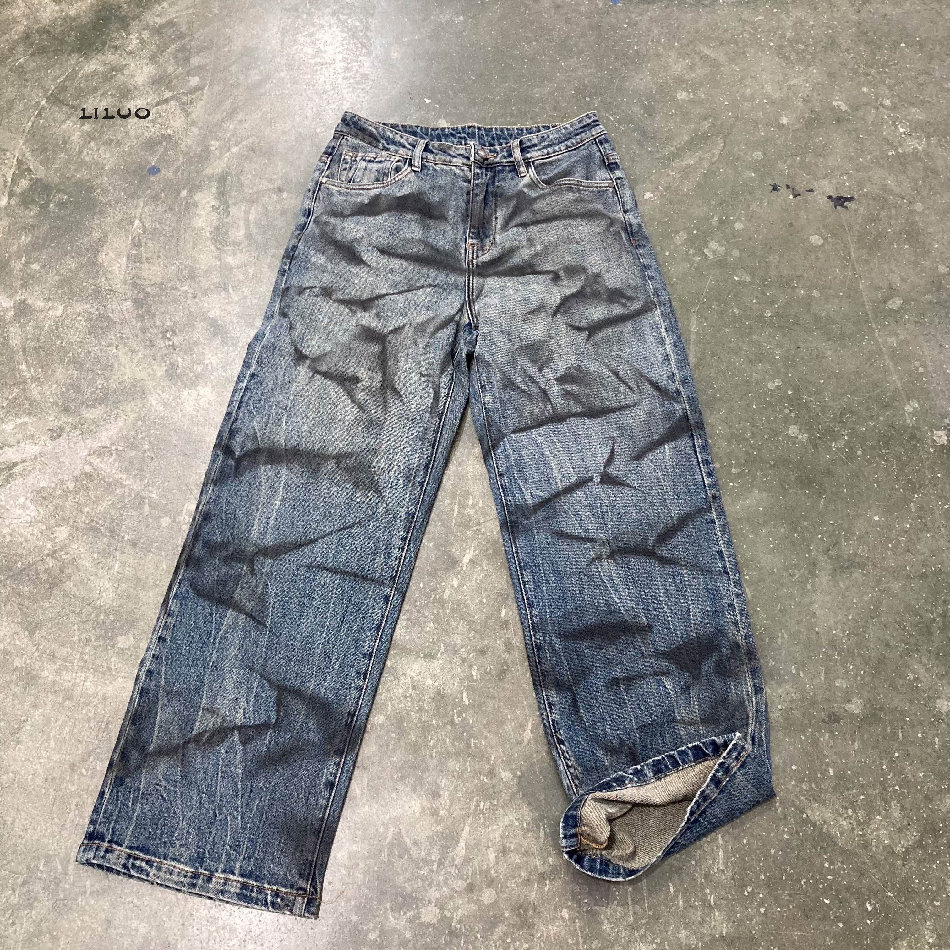 Custom men's jeans Street wear hip hop casual wide leg stone wash loose straight loose cargo blue jeans jeans